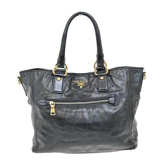 PRADA MILANO Logo Shoulder Tote Bag Leather Blue Gold-plated 70FB646