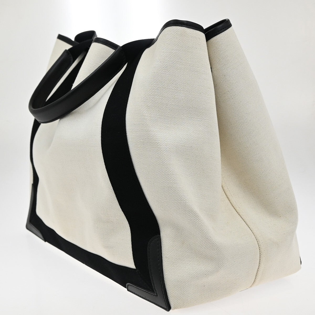 BALENCIAGA Navy Cabas M Shoulder Hand Bag Canvas Leather Ivory Black 73EF052