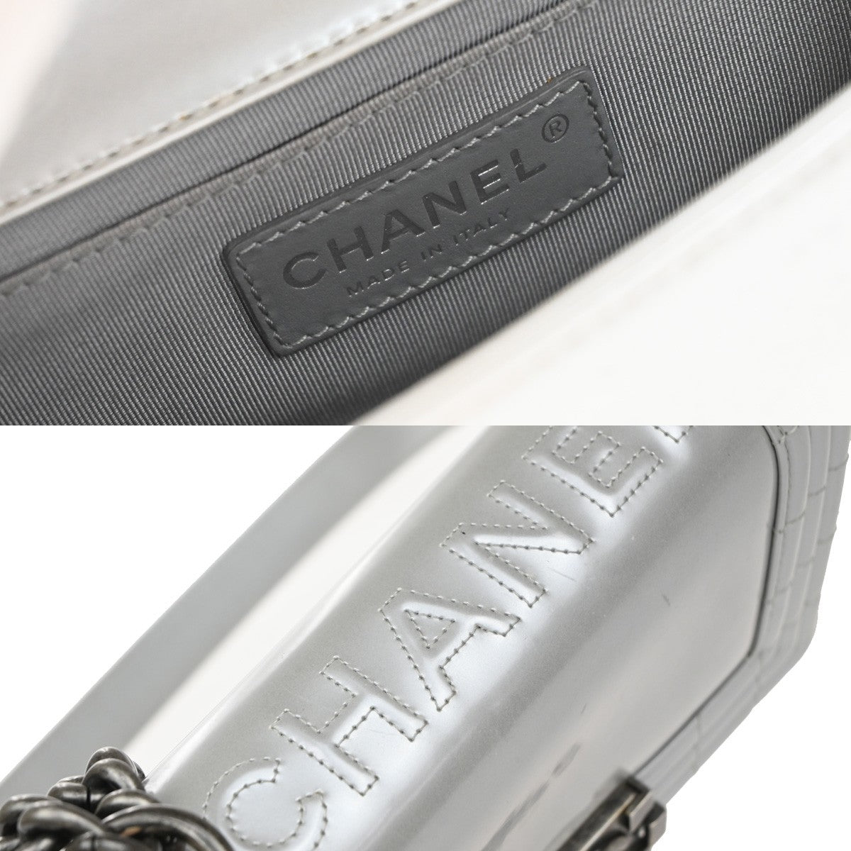 CHANEL Boy CC Chain Shoulder Bag Leather Silver SHW Italy 627RP168