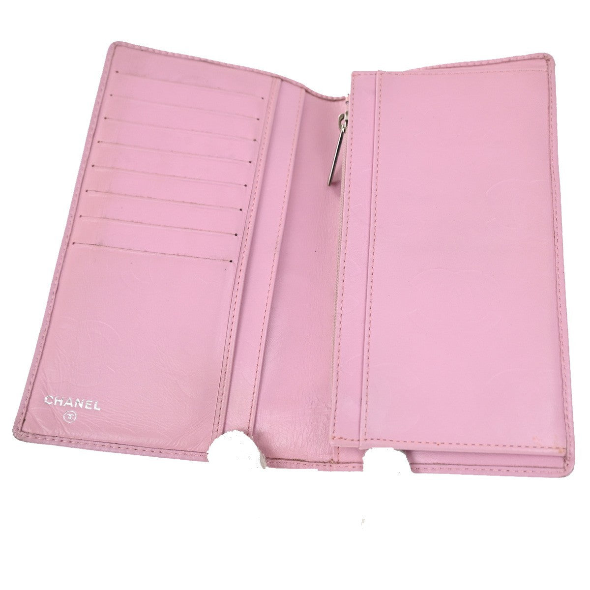 CHANEL CC Logo Long Bifold Wallet Purse Leather Pink SHW Italy 83YH826