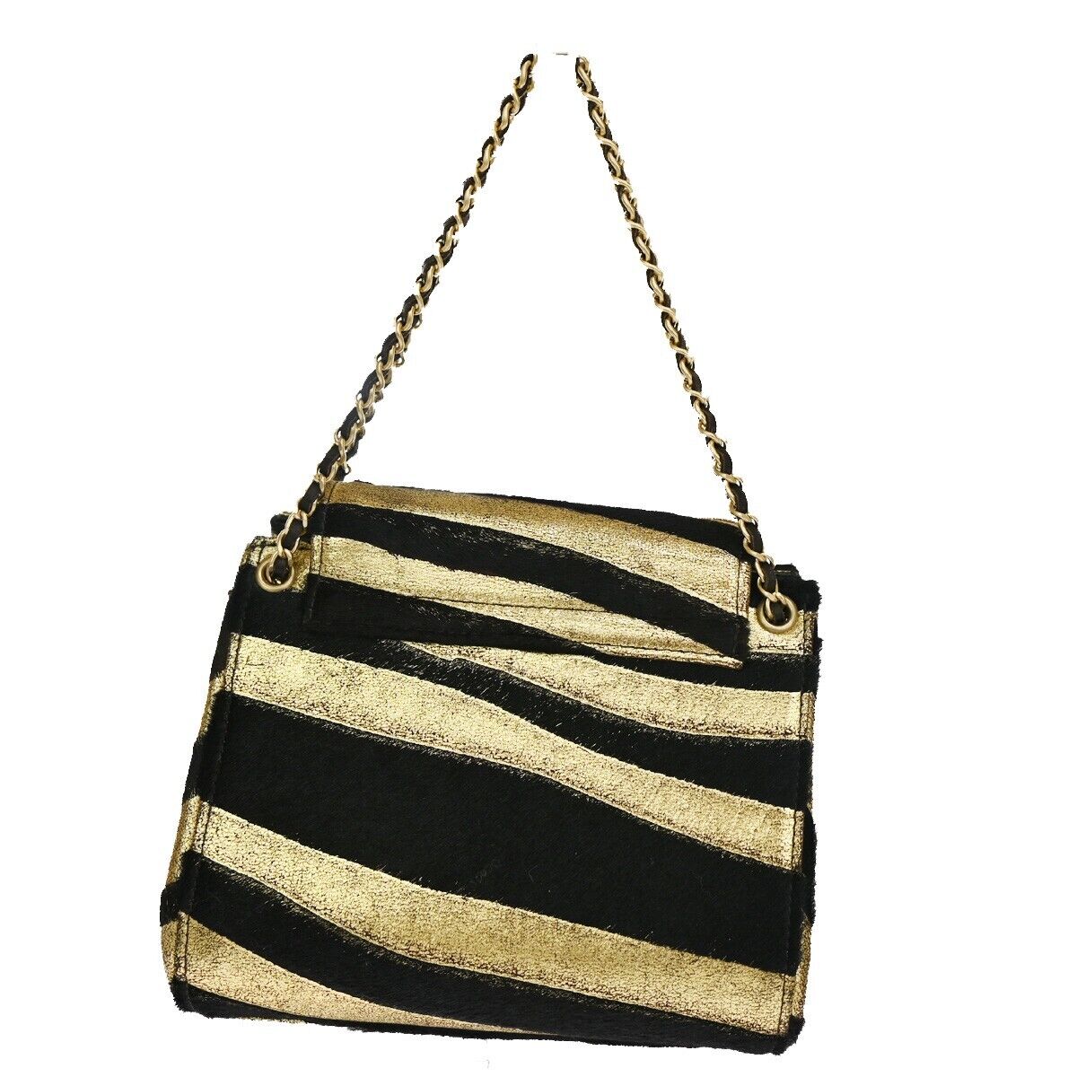 CHANEL 2.55 Zebra Chain Mini Hand Bag Fur Leather Black Gold France 629RH277