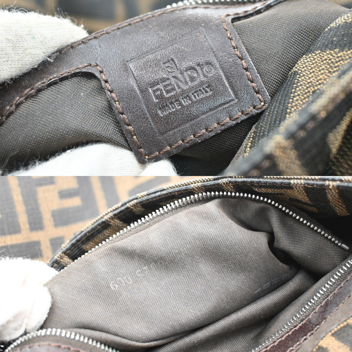 FENDI Logo Mamma Zucca Pattern Shoulder Bag Canvas Leather Brown Italy 58KB447