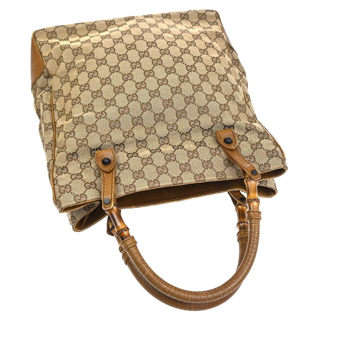 GUCCI Logo GG Pattern Hand Tote Bag Bamboo Canvas Leather Beige Italy 64KC879