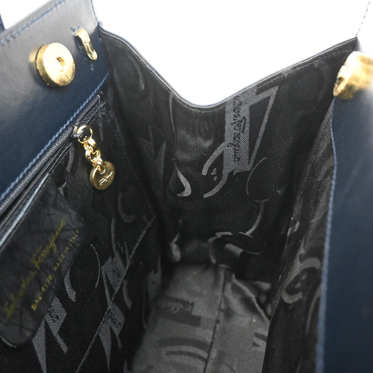 SALVATORE FERRAGAMO Vara 2Way Shoulder Hand Bag Canvas Leather Navy Blue 80YH965