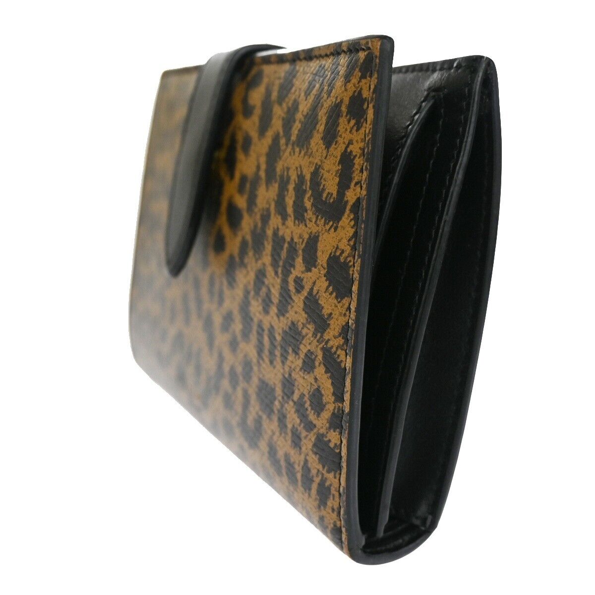 CELINE Logo Leopard Bifold Wallet Purse Leather Brown Black 34RH487