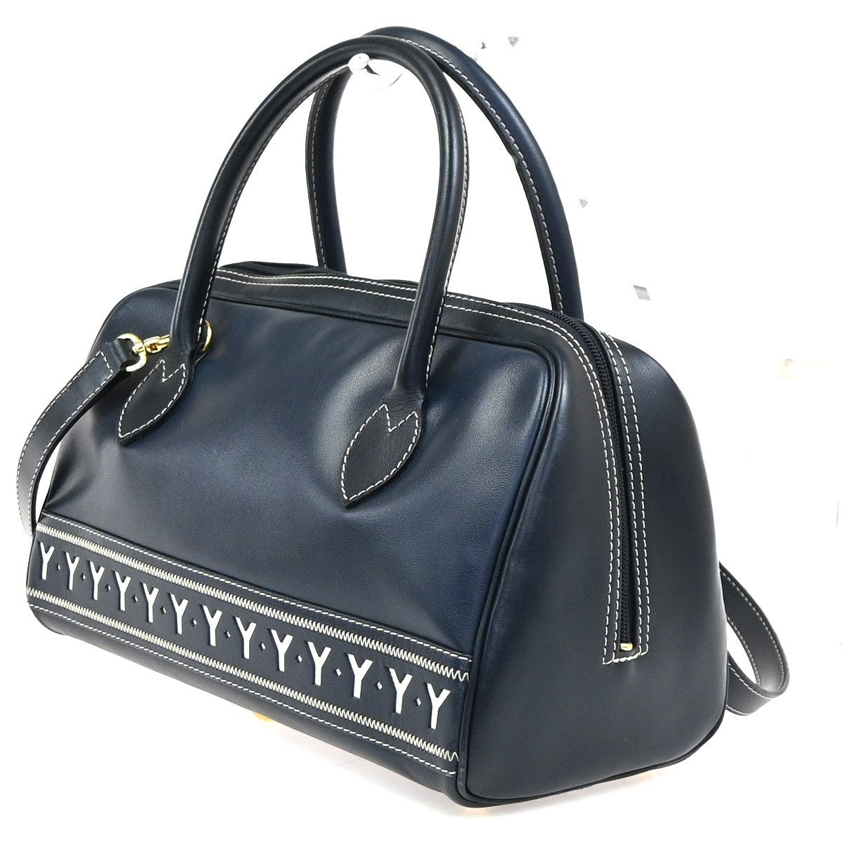 YVES SAINT LAURENT Y Logo 2Way Shoulder Hand Bag Leather Navy Blue GHW 18YJ011