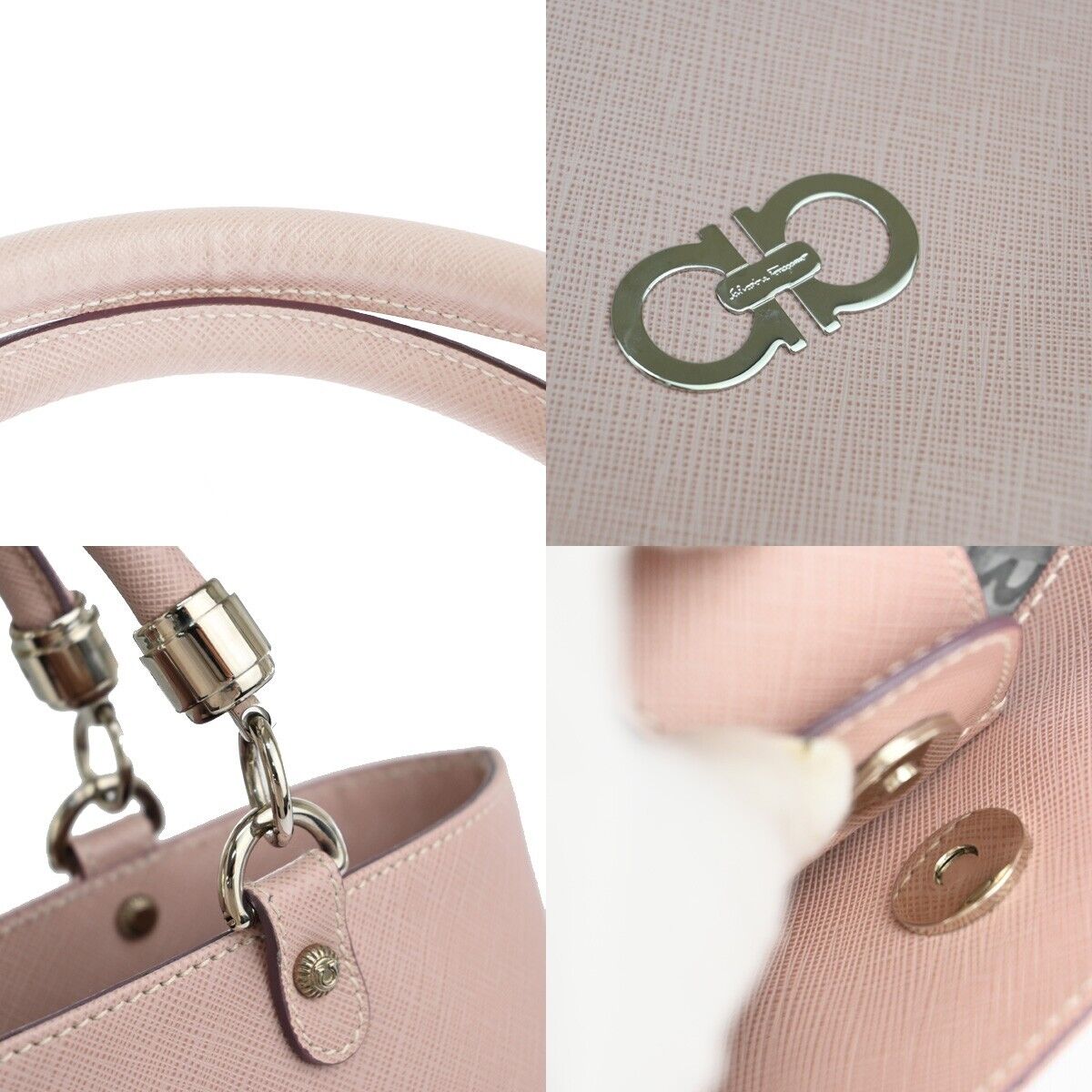 SALVATORE FERRAGAMO Gancini Hand Bag Leather Pink Silver Made in Italy 31EA709