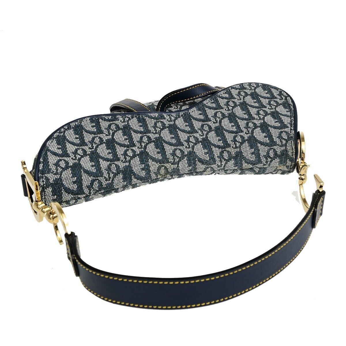 CHRISTIAN DIOR Trotter Saddle Shoulder Bag Canvas Leather Navy Blue 332RF225