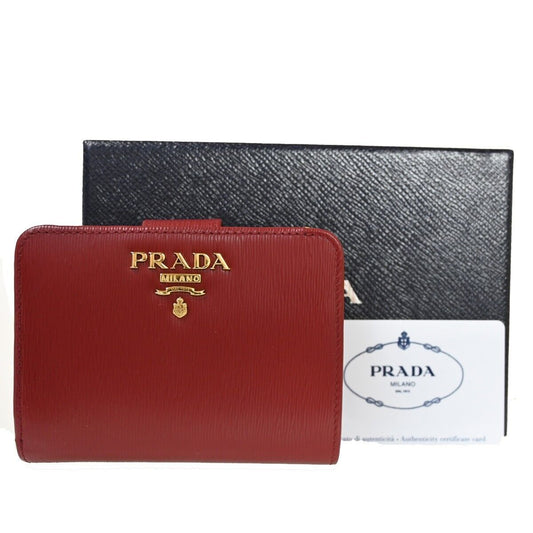PRADA MILANO Logo Bifold Wallet Purse Vitello Move Leather Rubino Gold 76RH888