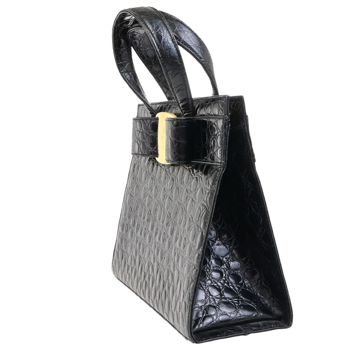 SALVATORE FERRAGAMO Logo Vara Hand Bag Embossing Leather Black Gold 32FA281