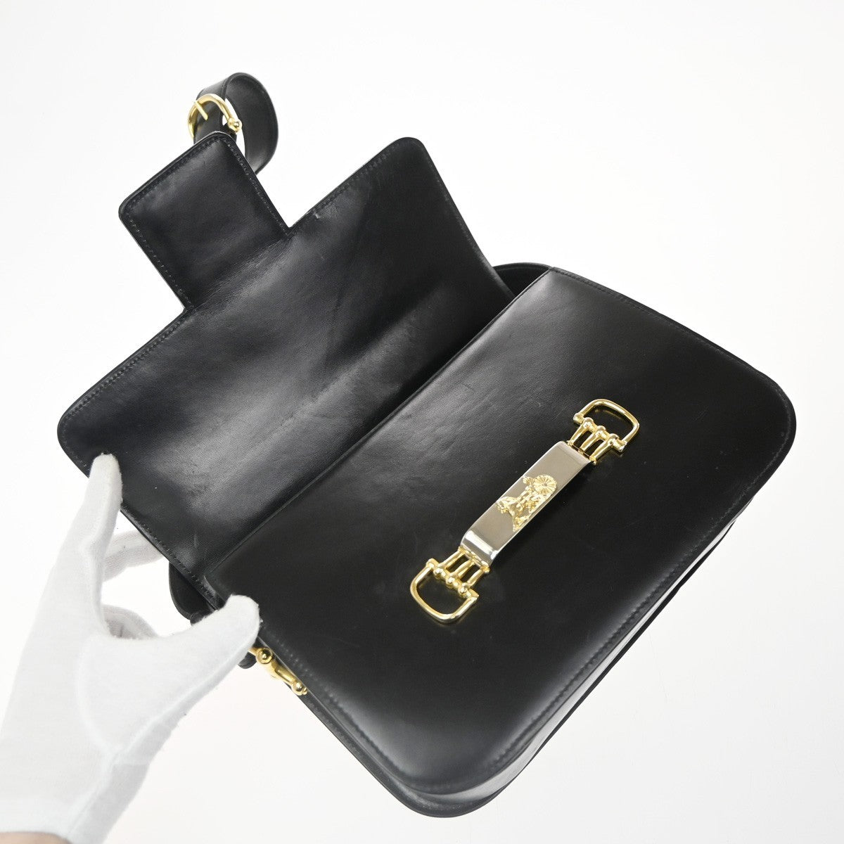 CELINE PARIS Logo Horse Carriage Shoulder Bag Leather Black Gold Italy 38CA739