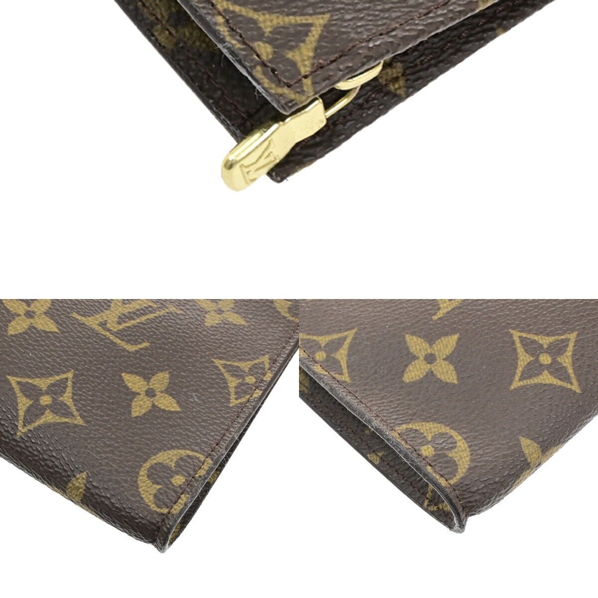 LOUIS VUITTON LV Logo Bucket PM Pouch Bag Monogram Leather Brown Gold 04ED454