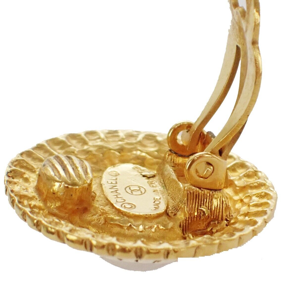 CHANEL CC Logo Imitation pearl Round Button Earrings Clip-On GHW Vintage 68YE014