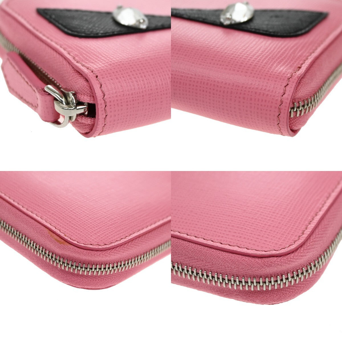FENDI Logo Monster Bugs Eyes Compact Zip Around Coin Wallet Leather Pink 64YH228
