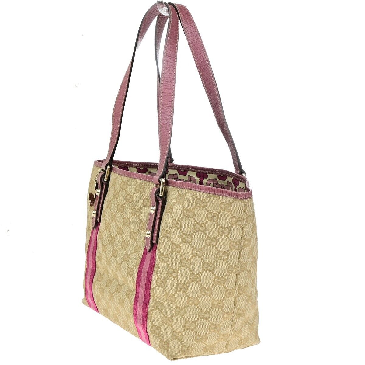 GUCCI Logo GG Pattern Shoulder Tote Bag Canvas Leather Brown Pink Italy 32FB390