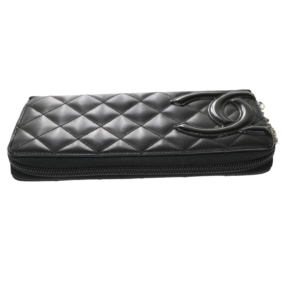 CHANEL CC Cambon Long Zipper Bifold Wallet Patent Leather Black SHW 13RF962