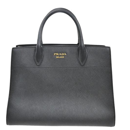PRADA MILANO Logo Hand Bag Saffiano Leather Black Gold Made in Italy 82EE300