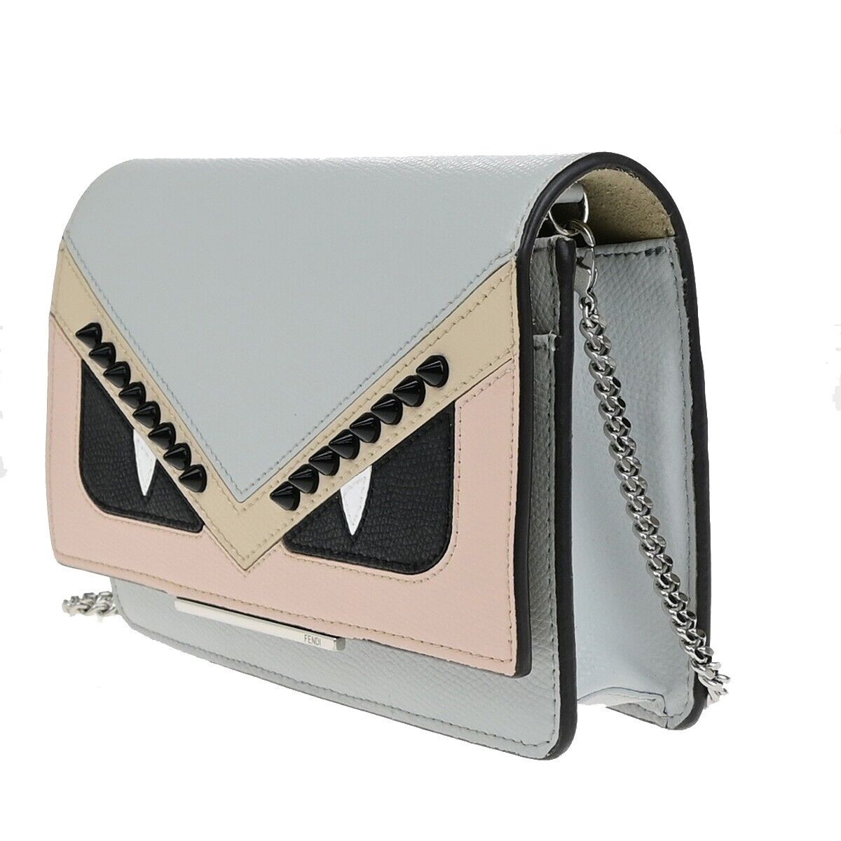 FENDI Logo Monster BAG BUGS Mini Shoulder Bag Wallet Leather Gray Pink 85EB625