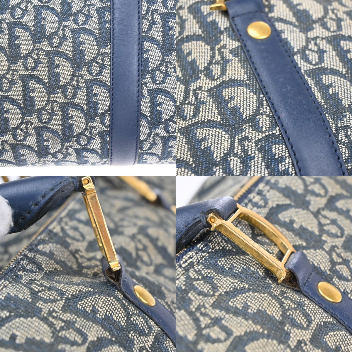 CHRISTIAN DIOR Logo Trotter Boston Hand Bag Canvas Leather Blue Italy 11CA874
