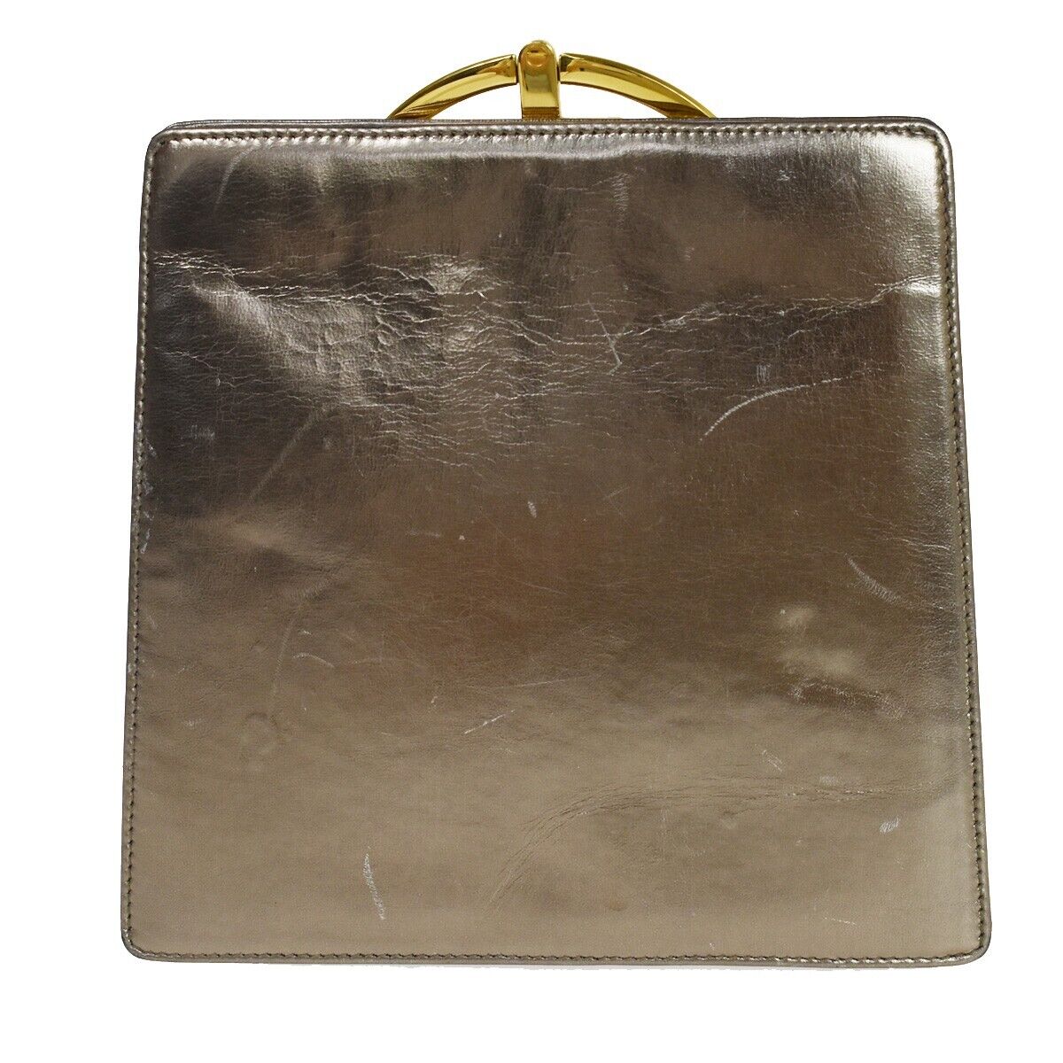 SALVATORE FERRAGAMO Gancini Metal Handle Clutch Hand Bag Leather Gold 62EA805