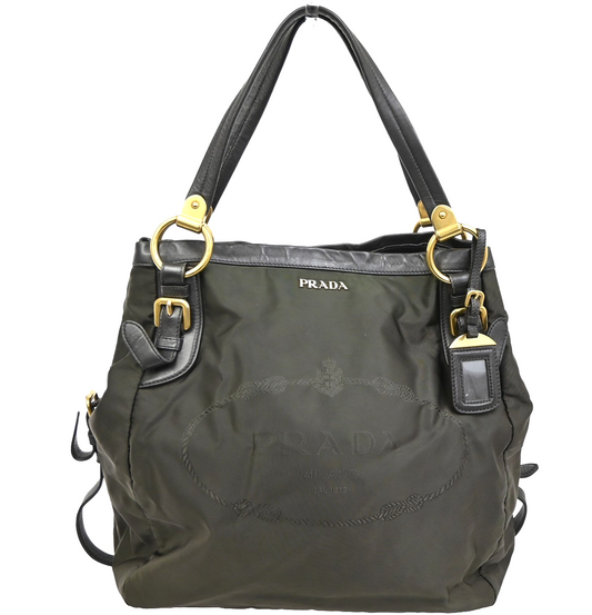 PRADA MILANO Logo Tessuto Prada  Shoulder Bag Nylon Leather Khaki Italy 81KB773