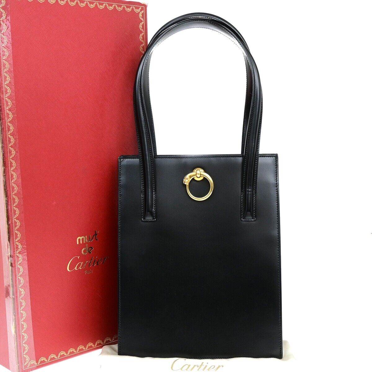 CARTIER Logo Panther Shoulder Hand Bag Leather Black GHW Made In Italy 34YG991