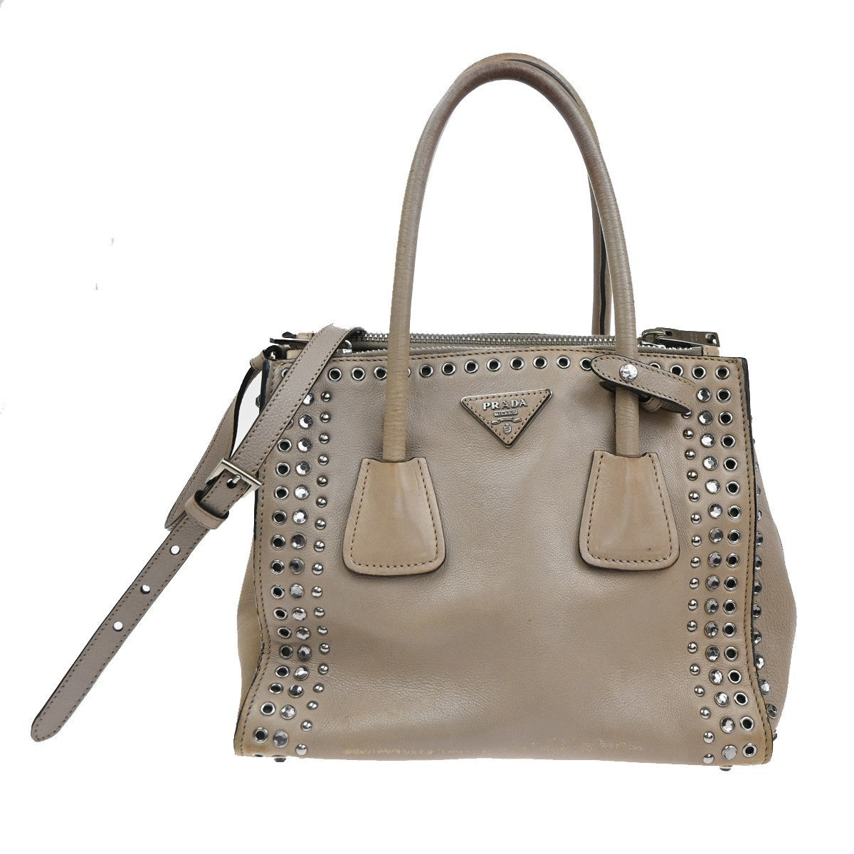 PRADA Studs 2Way Shoulder Hand Bag Leather Rhineston Beige GHW Spain 33TA590