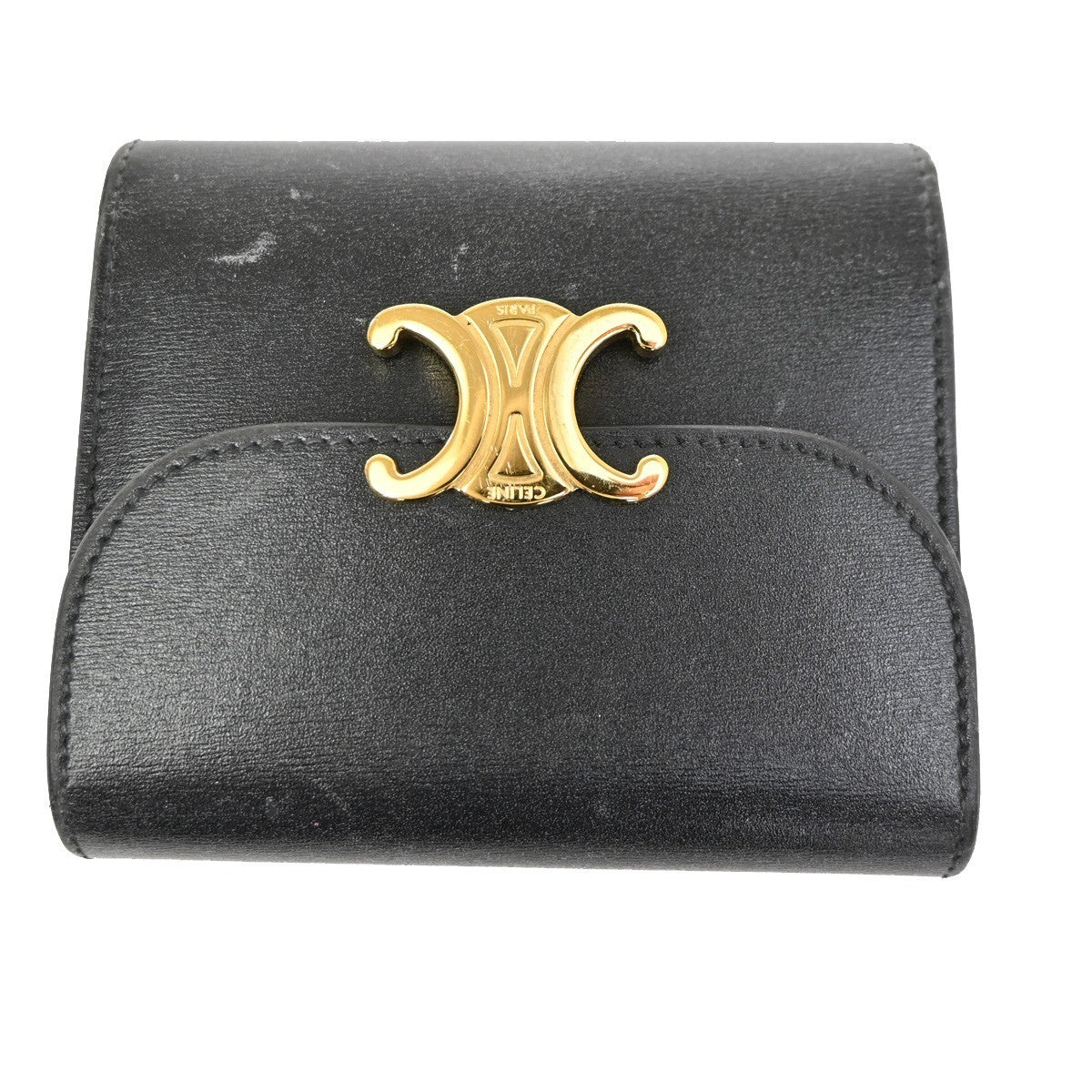 CELINE Triomphe Small Trifold Wallet Purse Leather Black GHW 31TA346