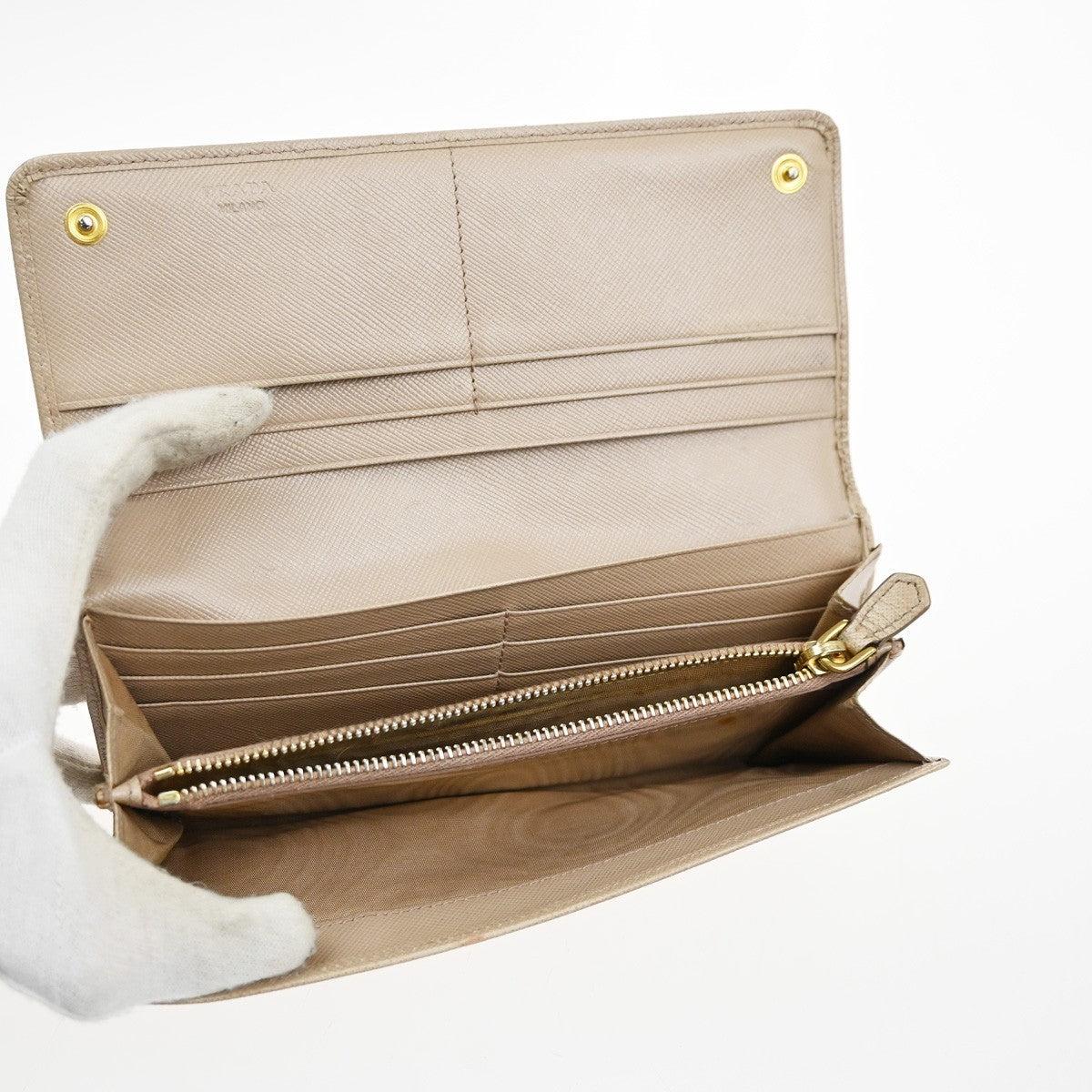 PRADA Logo Bifold Flap Long Wallet Saffiano Leather Beige GHW Italy 01KD036