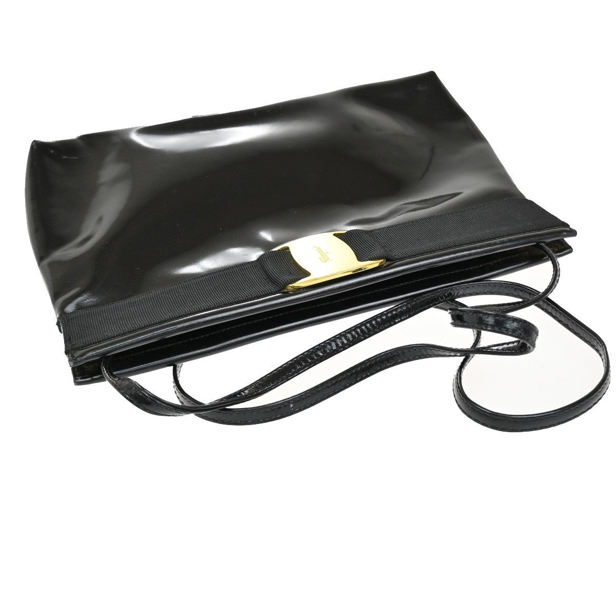 SALVATORE FERRAGAMO Vara 2Way Shoulder Clutch Bag Patent Leather Black 07KA909