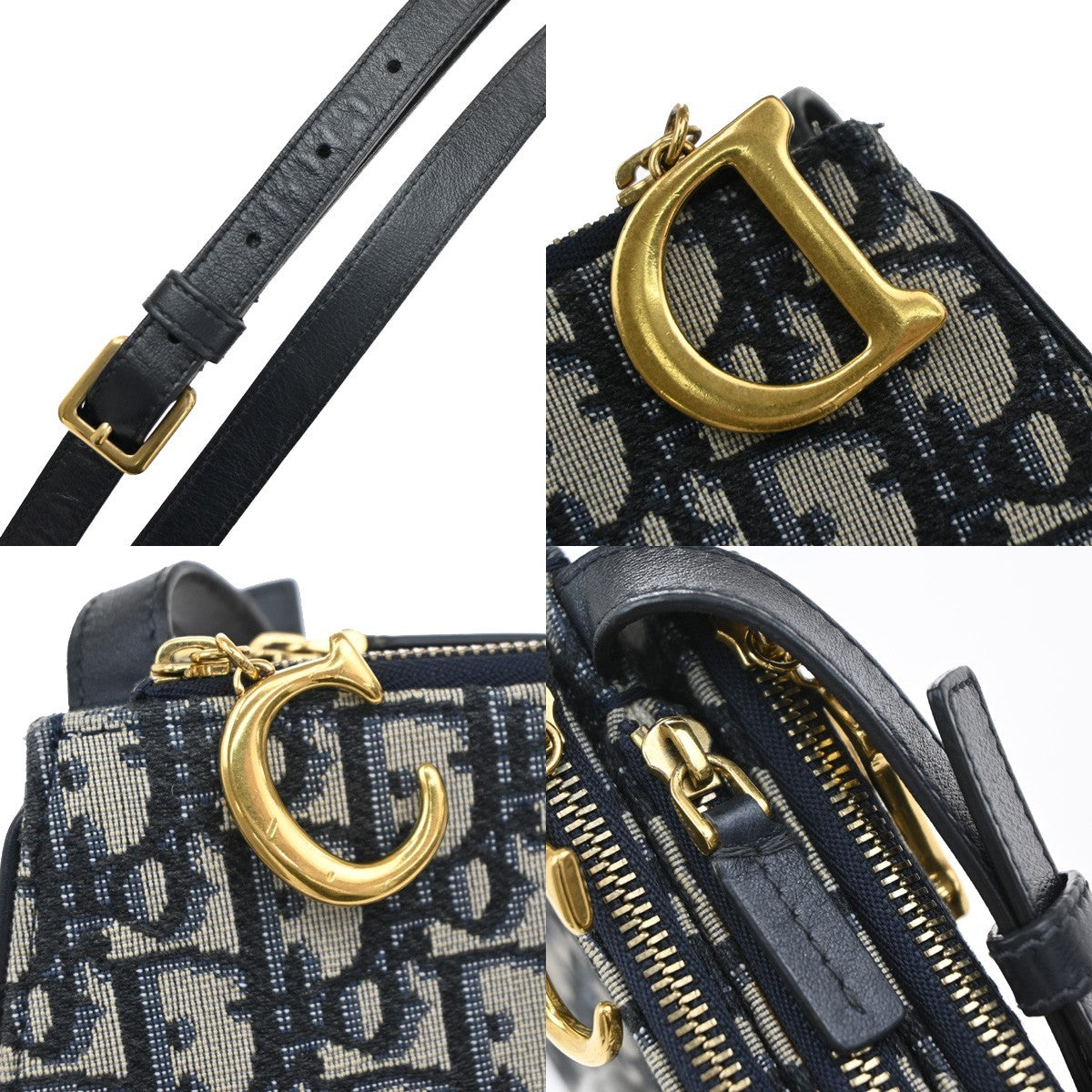 CHRISTIAN DIOR Trotter Saddle Shoulder Bag Canvas Leather Navy Blue 663RF899