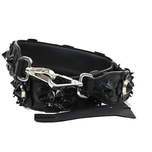 FENDI Logo Bag Shoulder Strap Flower Studs Leather Black SHW Italy 30KP492