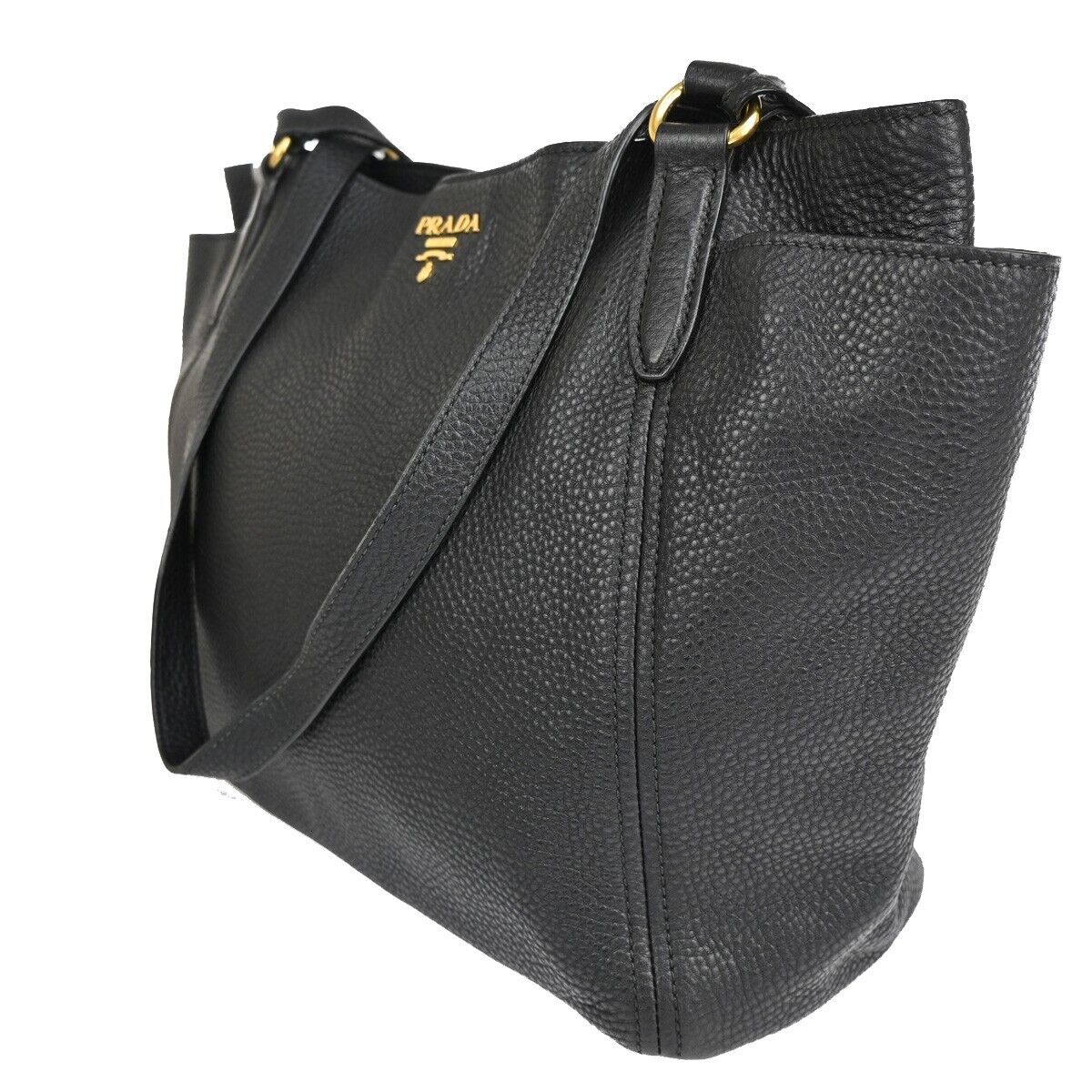 PRADA Logo Shoulder Tote Bag Leather Black Gold Made in Italy 93EA812
