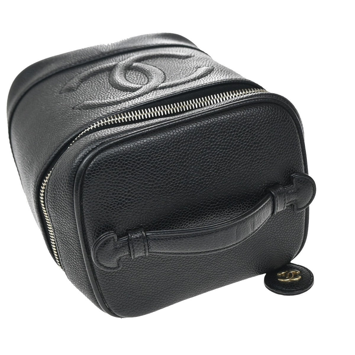 CHANEL CC Logo Vanity Hand Bag Grained Calfskin Leather Black Vintage 14RF886