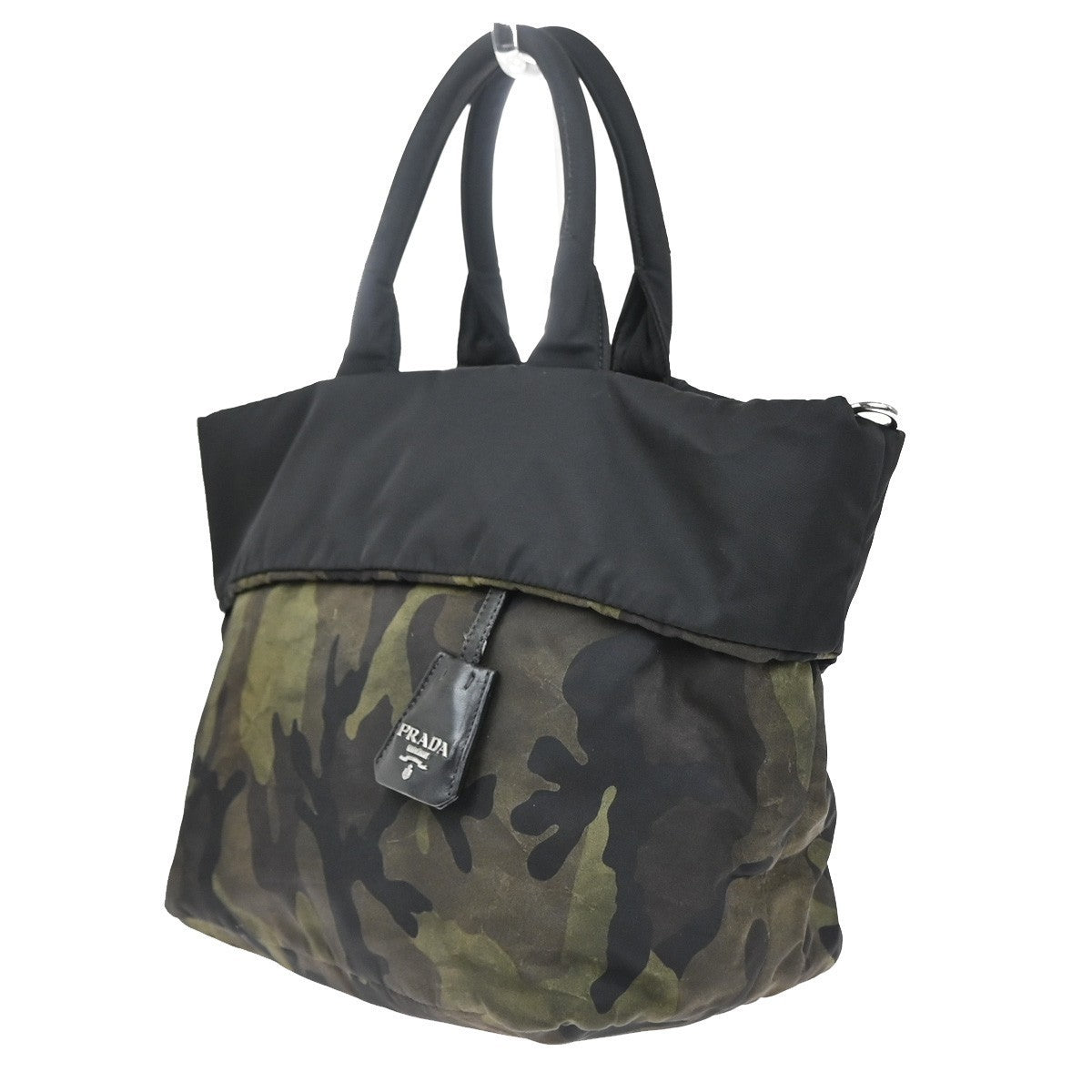 PRADA Logo Reversible Tessuto Hand Bag Nylon Leather Camouflage Black 35KP373