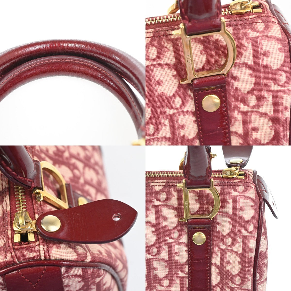 CHRISTIAN DIOR Logo Trotter Pattern Hand Bag PVC Patent Leather Red GHW 51YH875