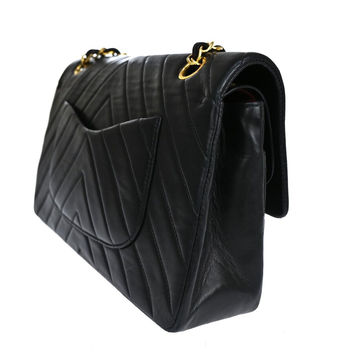 CHANEL CC Chevron Double Flap Chain Shoulder Bag Leather Black GHW VTG 153RJ052