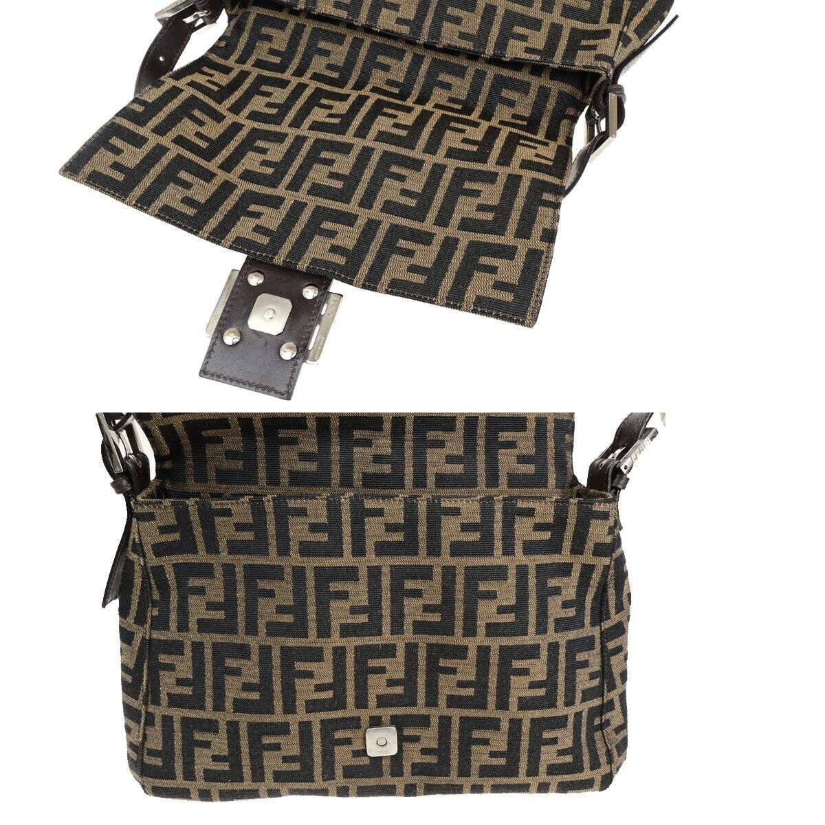 FENDI Logo Mamma Zucca Pattern Shoulder Bag Canvas Leather Brown Italy 25ED280
