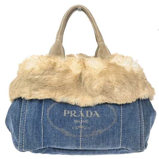 PRADA Milano Logo CANAPA  Large Tote Hand Bag Denim Canvas Fur Blue 18RL377