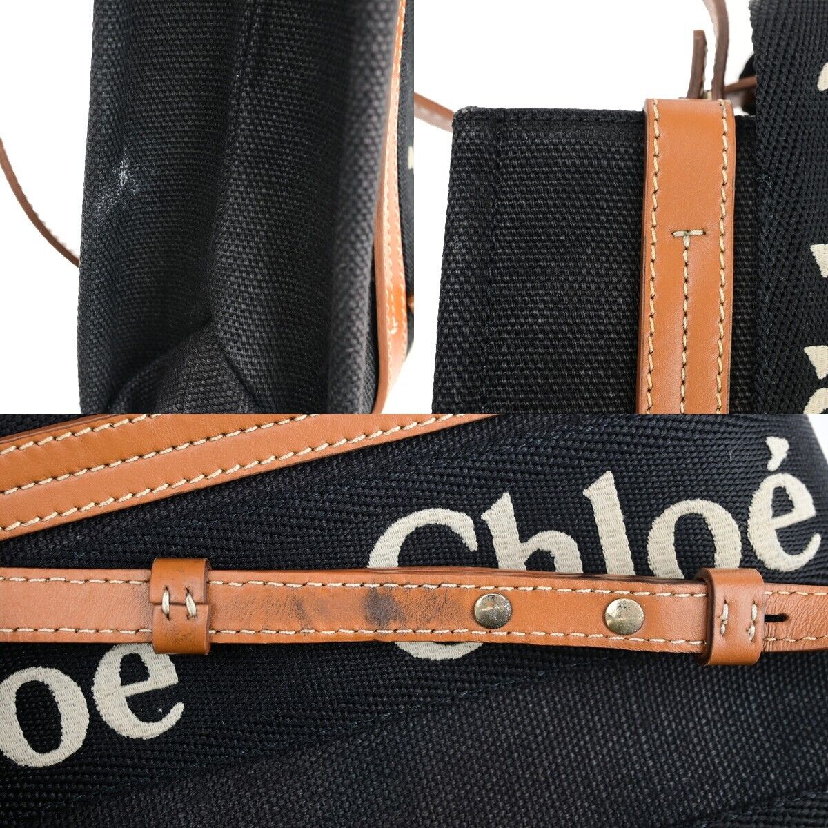 CHLOE Woody Tote Shoulder Hand Bag 2Way Canvas Leather Black Italy GHW 84HC081