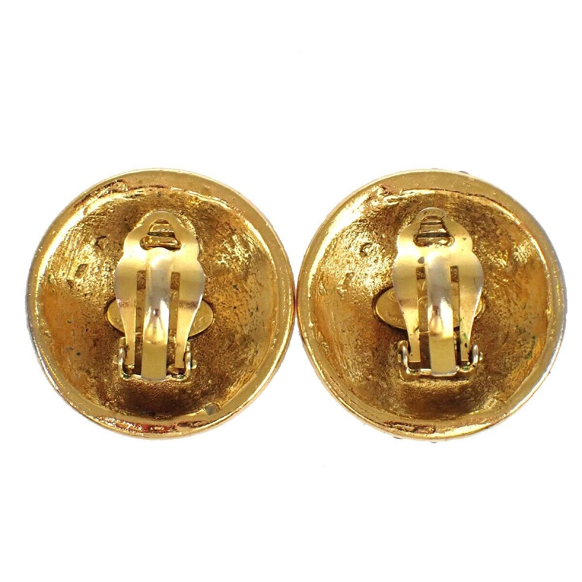 CHANEL CC Logo Round Button Earrings 23 Clip-On Rhinestone GHW Vintage 72GA289