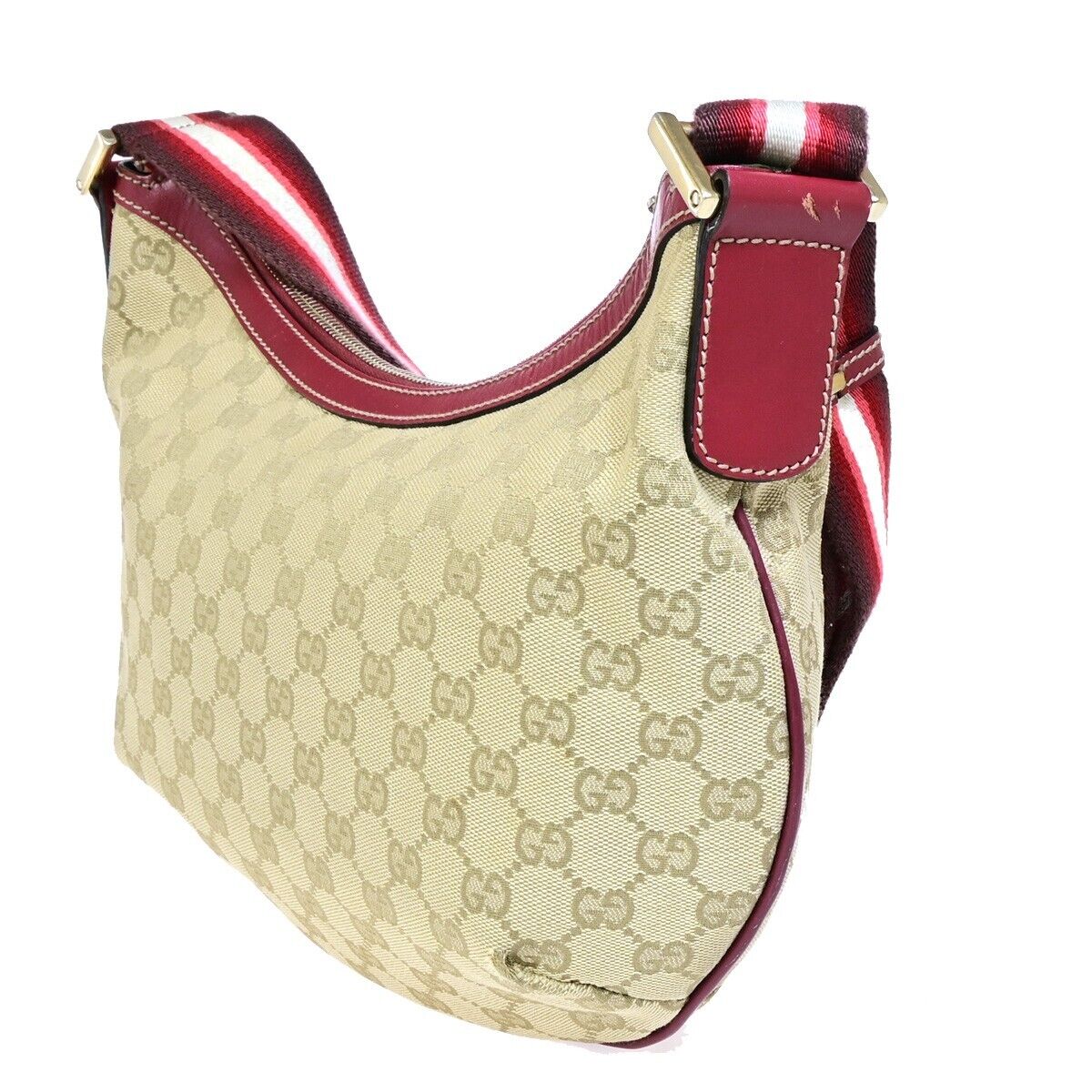GUCCI Logo GG Pattern Shoulder Bag Canvas Leather Brown Red Italy 76EB787