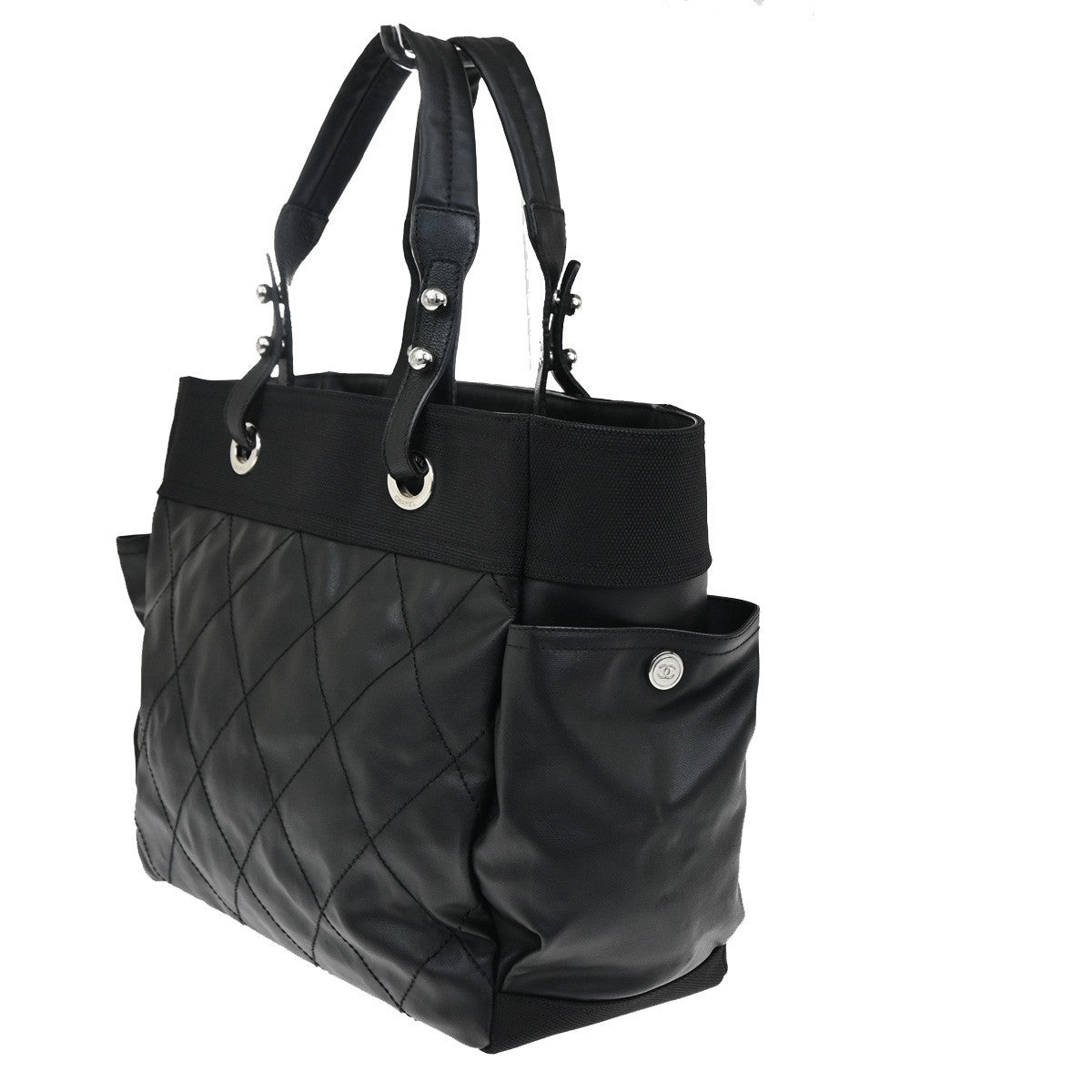 CHANEL CC Paris Biarritz GM Shoulder Bag Coating Canvas Leather BK SHW 689RL482