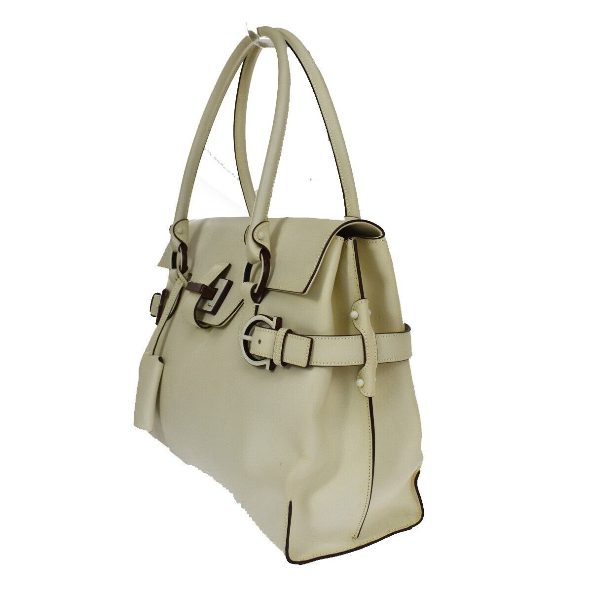 SALVATORE FERRAGAMO Logo Tote Shoulder Bag Leather off white Brown Italy 66SH069