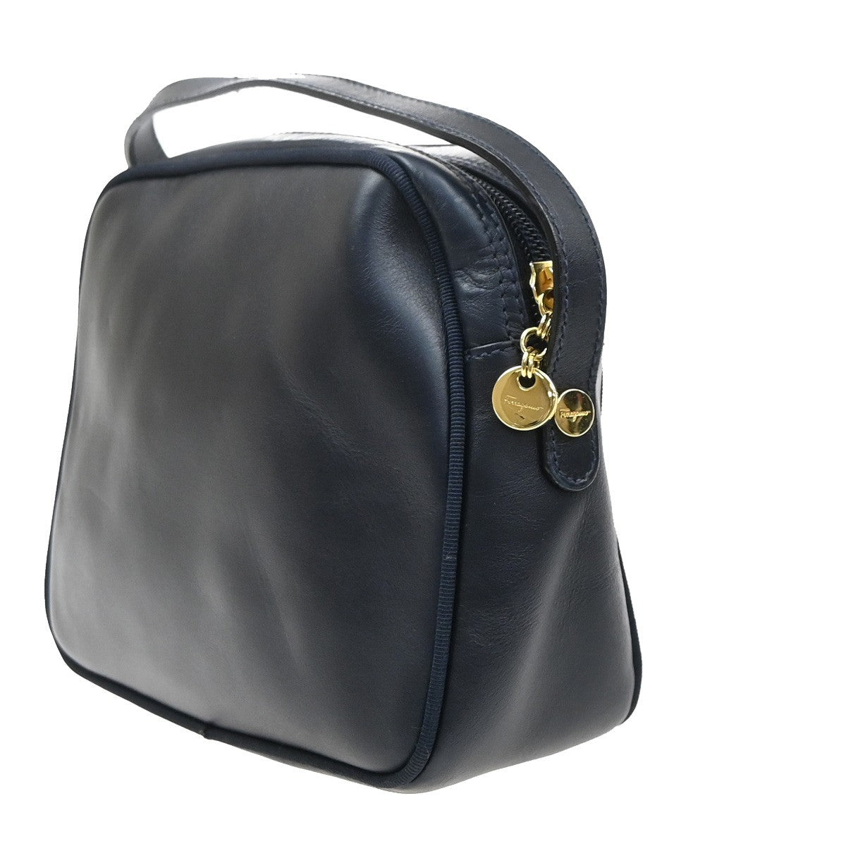 SALVATORE FERRAGAMO Logo Vara Shoulder Bag Leather Navy Blue GHW Italy 09MA547