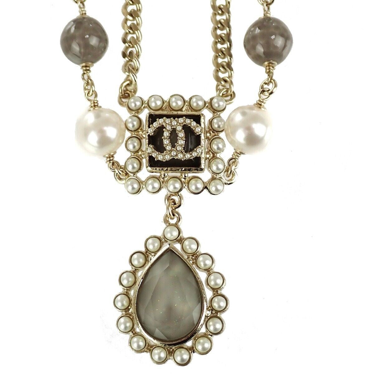 CHANEL CC Imitation Pearl Chain Long Necklace Color Stone G21V Gold 685LC023