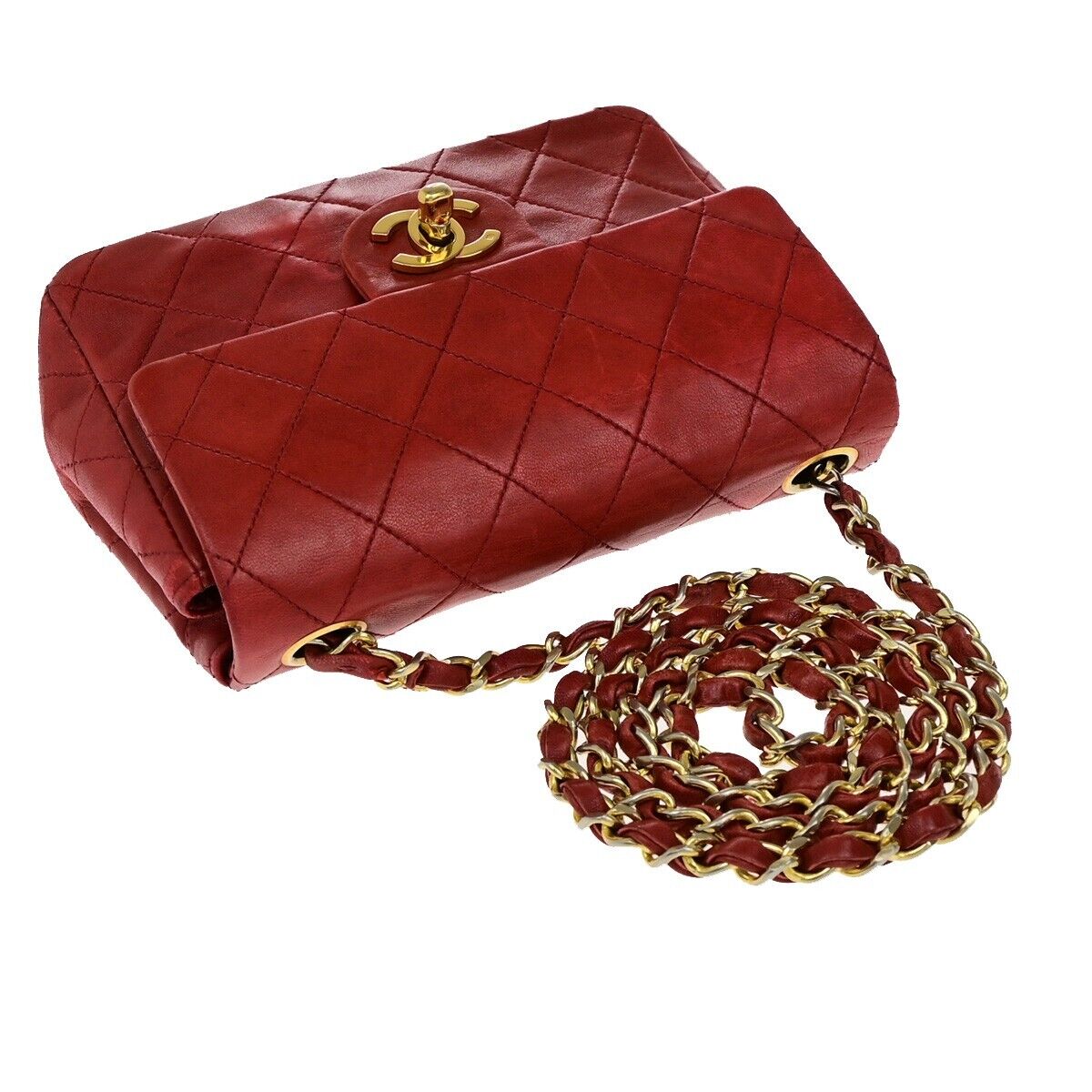 CHANEL CC Logo Mini Matelasse Chain Shoulder Bag Leather Red Vintage 673RF237