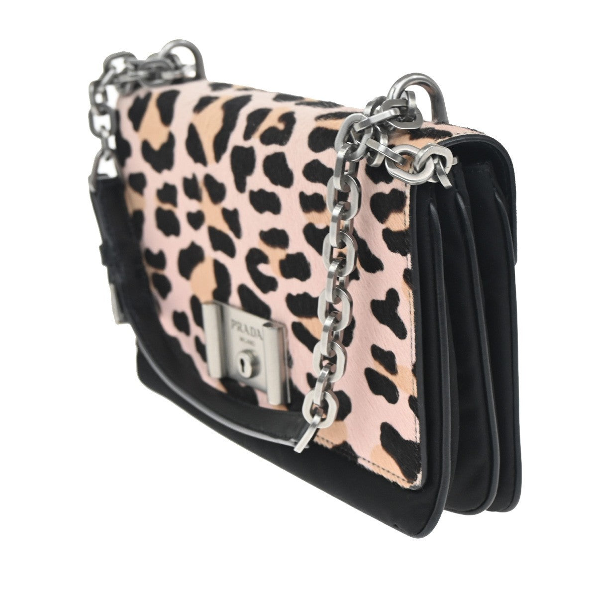 52.Live PRADA MILANO Leopard Chain Shoulder Bag Hair on Leather Nylon 99KC004