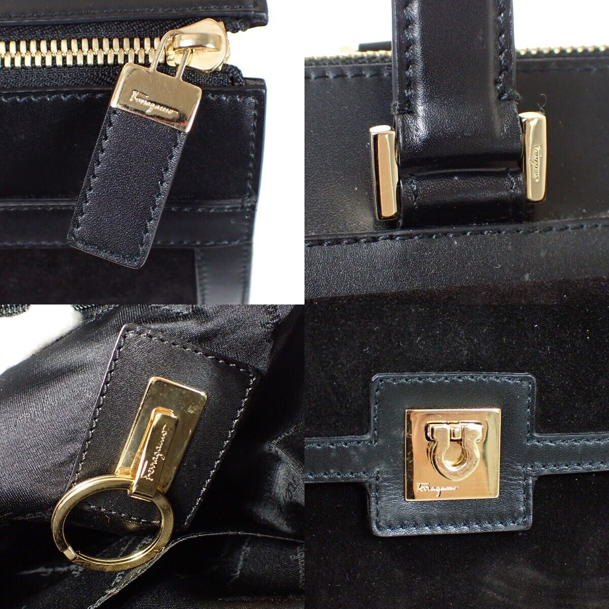 RARE! SALVATORE FERRAGAMO Gancini Shoulder Bag Suede Leather Black Italy 30HB115