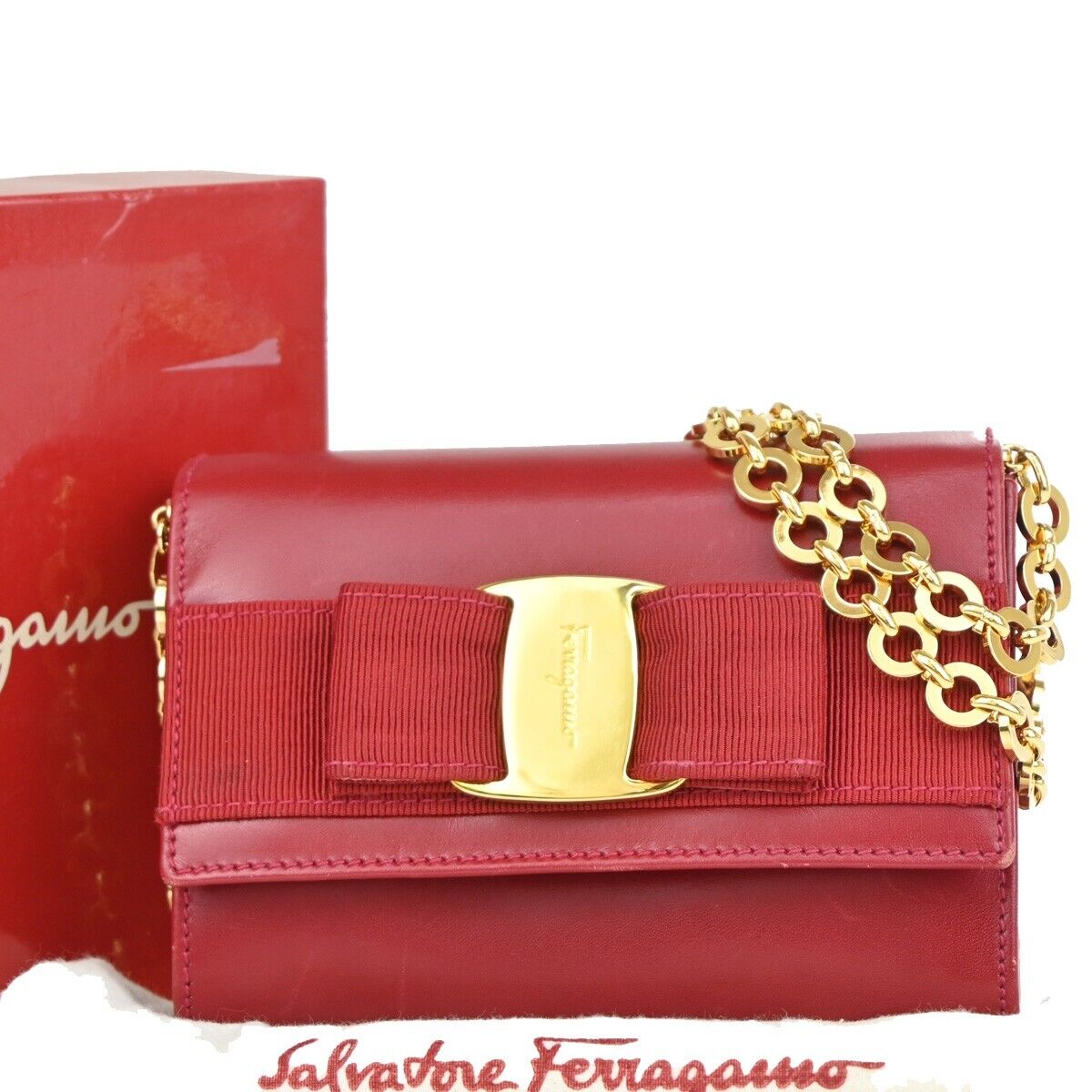 SALVATORE FERRAGAMO Vara 2Way Chain Mini Shoulder Clutch Bag Leather Red 31EA933